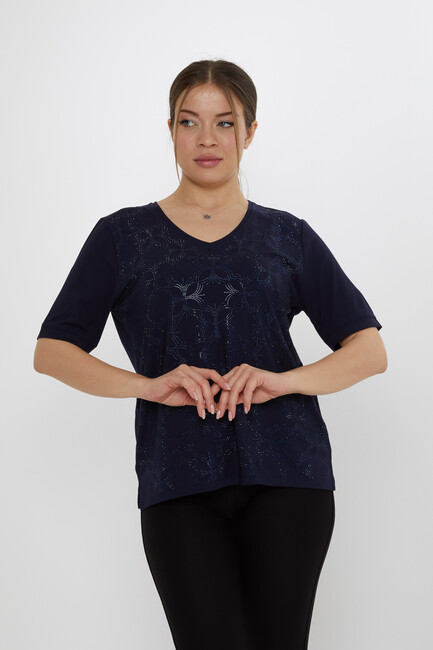 Kadın Bluz Taş Detaylı Lacivert - 80044 | KAZEE - Thumbnail