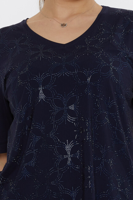 Kadın Bluz Taş Detaylı Lacivert - 80044 | KAZEE - Thumbnail