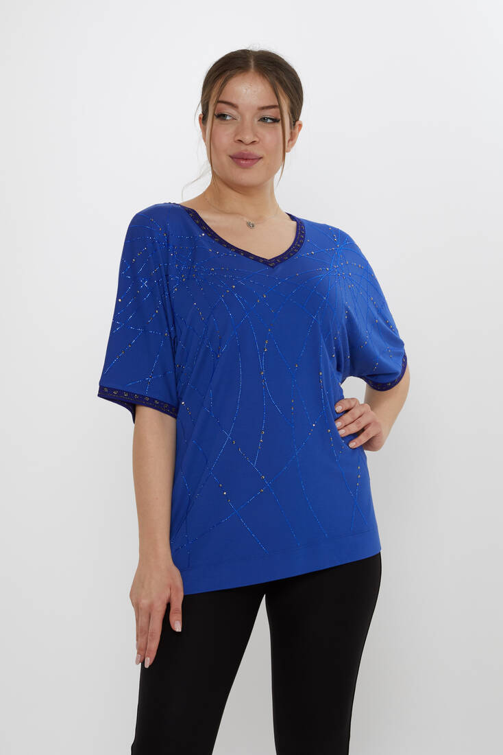 Kadın Bluz Taş Detaylı Saks - 80001 | KAZEE