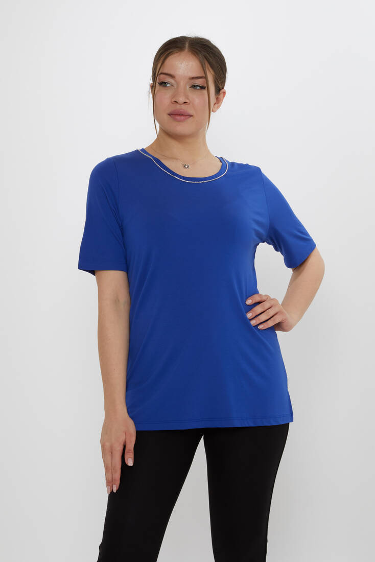 Kadın Bluz Taş Detaylı Saks - 80030 | KAZEE
