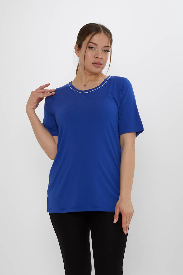 Kadın Bluz Taş Detaylı Saks - 80030 | KAZEE