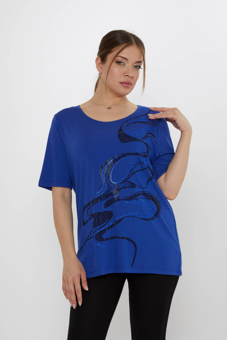 Kadın Bluz Taş Detaylı Saks - 80078 | KAZEE