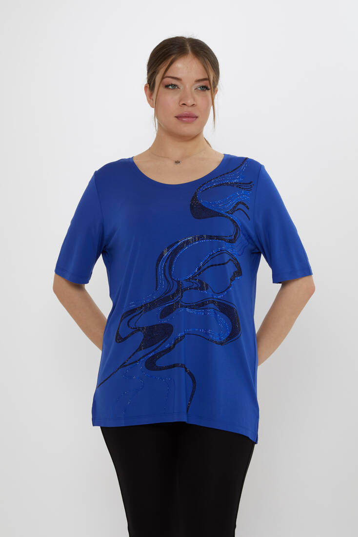 Kazee - Kadın Bluz Taş Detaylı Saks - 80078 | KAZEE