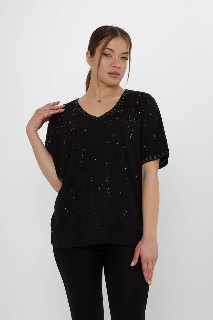 Kazee - Kadın Bluz Taş Detaylı Siyah - 80001 | KAZEE