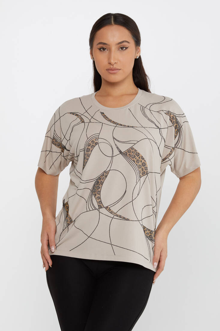 Kazee - Kadın Bluz Taşlı Leopar Desenli Açık Bej - 79618 | KAZEE Kazee - Kadın Bluz Taşlı Leopar Desenli Açık Bej - 79618 | KAZEE