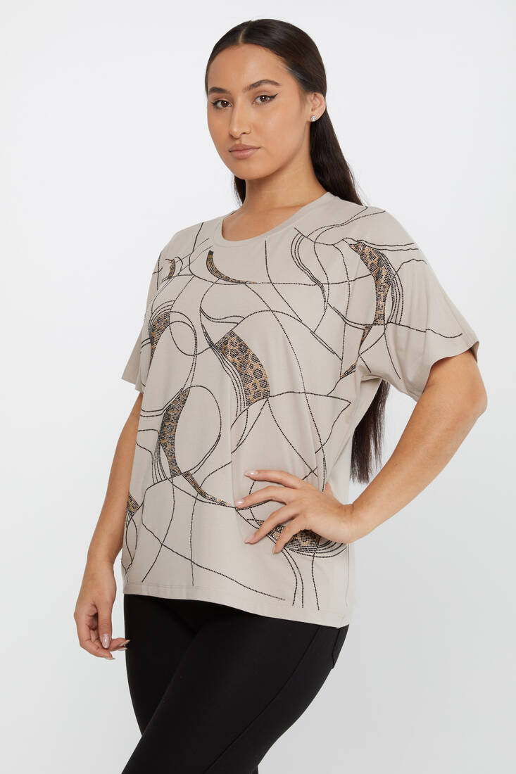 Kadın Bluz Taşlı Leopar Desenli Açık Bej - 79618 | KAZEE Kadın Bluz Taşlı Leopar Desenli Açık Bej - 79618 | KAZEE