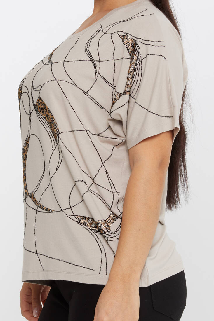 Kadın Bluz Taşlı Leopar Desenli Açık Bej - 79618 | KAZEE Kadın Bluz Taşlı Leopar Desenli Açık Bej - 79618 | KAZEE