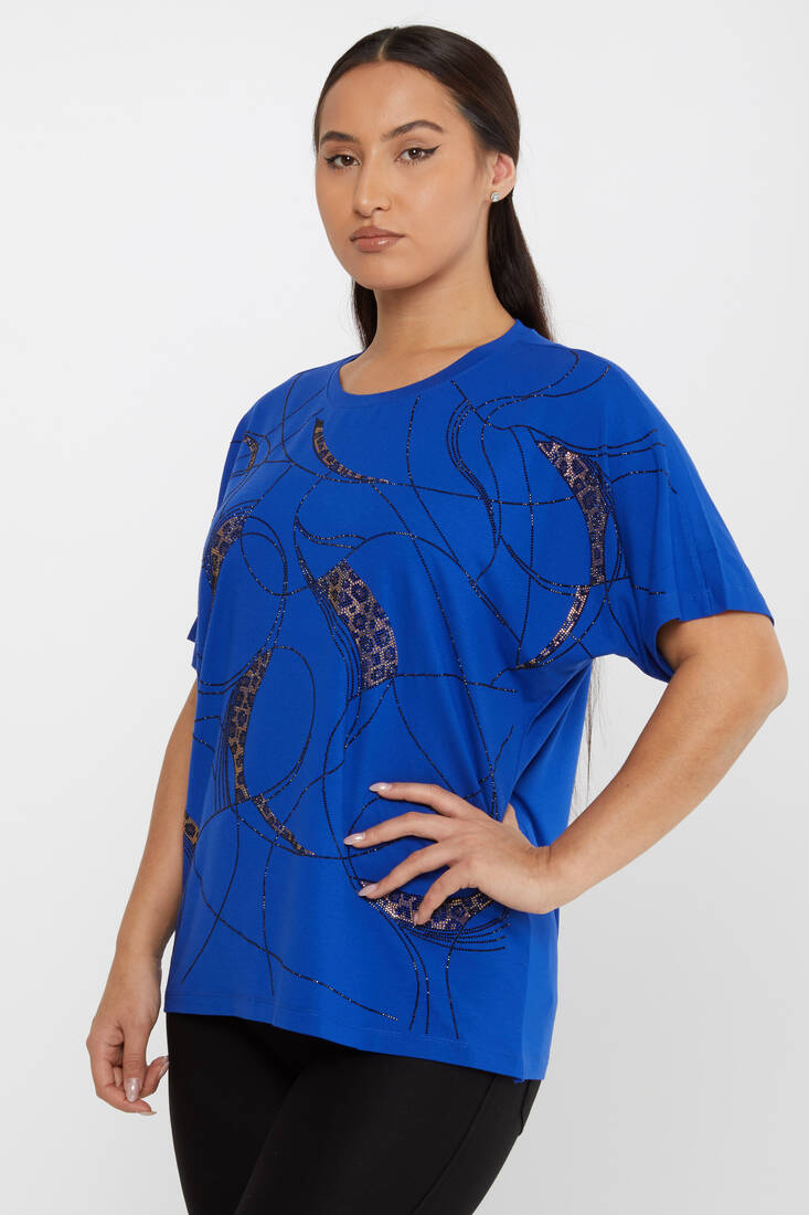 Kadın Bluz Taşlı Leopar Desenli Saks - 79618 | KAZEE Kadın Bluz Taşlı Leopar Desenli Saks - 79618 | KAZEE