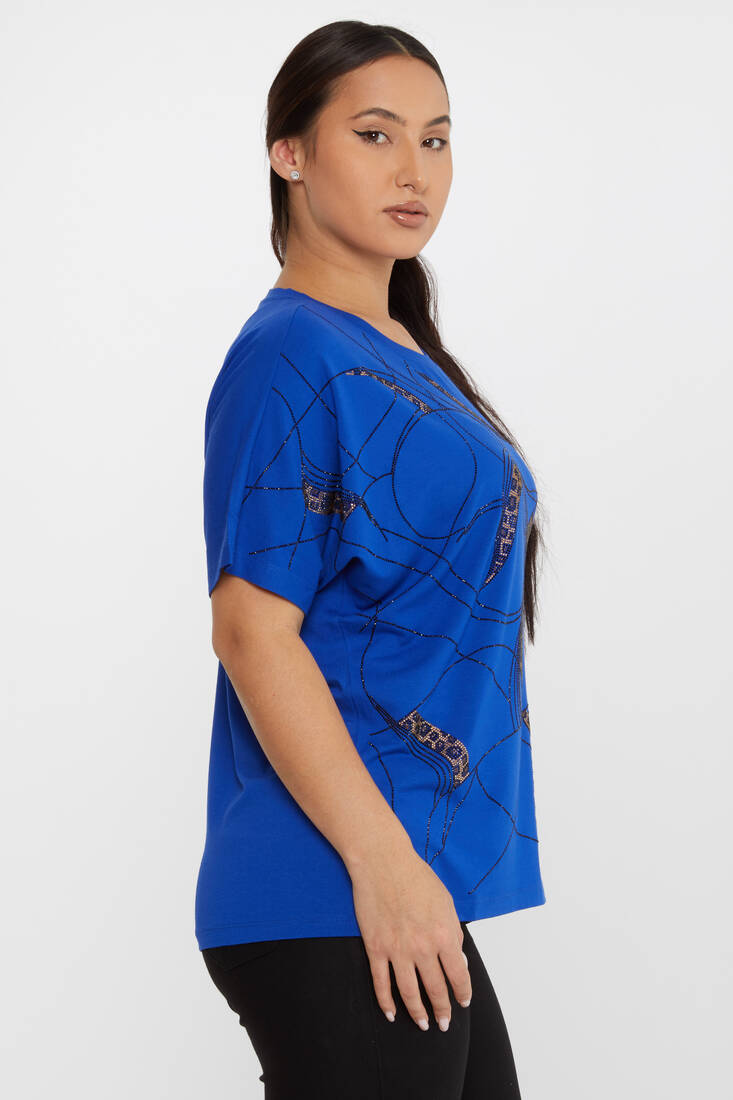 Kadın Bluz Taşlı Leopar Desenli Saks - 79618 | KAZEE Kadın Bluz Taşlı Leopar Desenli Saks - 79618 | KAZEE