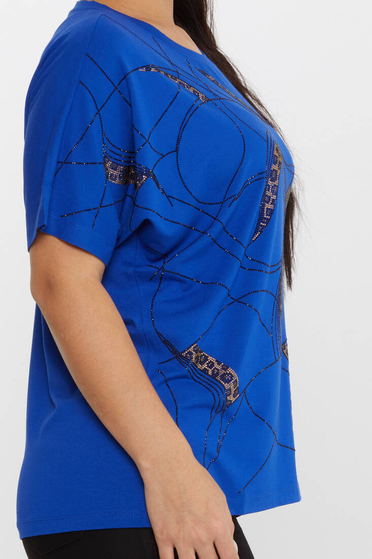 Kadın Bluz Taşlı Leopar Desenli Saks - 79618 | KAZEE Kadın Bluz Taşlı Leopar Desenli Saks - 79618 | KAZEE