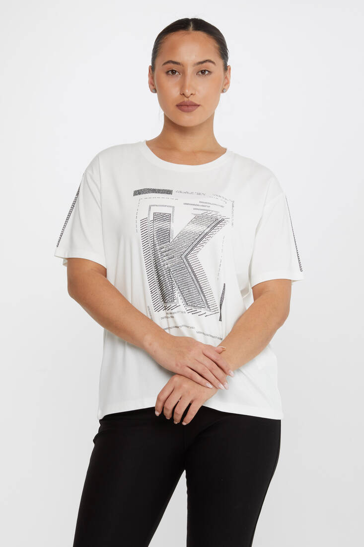 Kazee - Kadın Bluz Taşlı Yazı Detaylı Ekru - 80100 | KAZEE