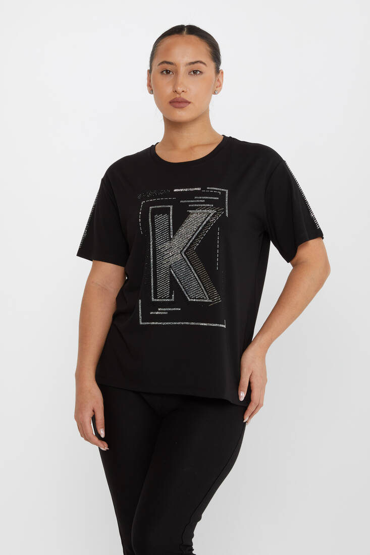 Kazee - Kadın Bluz Taşlı Yazı Detaylı Siyah - 80100 | KAZEE
