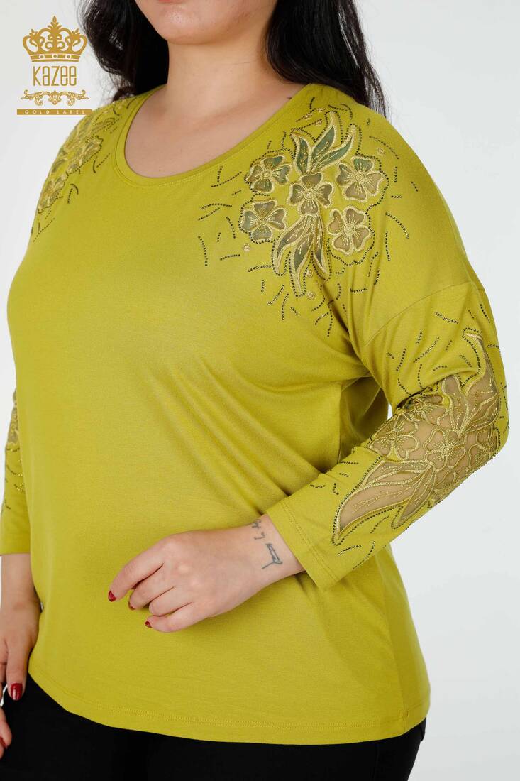 Kadın Bluz Tül Detaylı Fıstık Yeşil - 77950 | KAZEE Kadın Bluz Tül Detaylı Fıstık Yeşil - 77950 | KAZEE