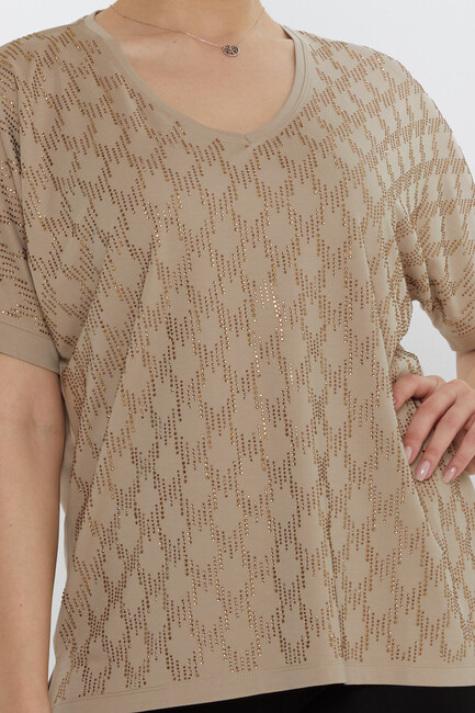 Kadın Bluz V Yaka Bej - 80007 | KAZEE - Thumbnail