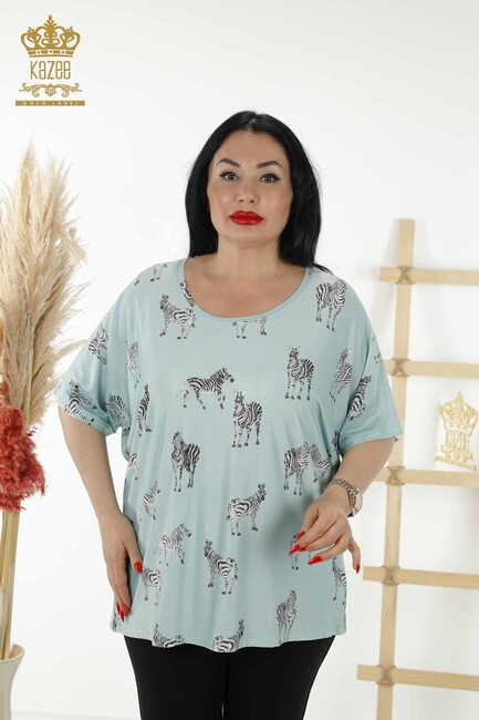 Kadın Bluz Zebra Desenli Mint - 77690 | KAZEE - Thumbnail