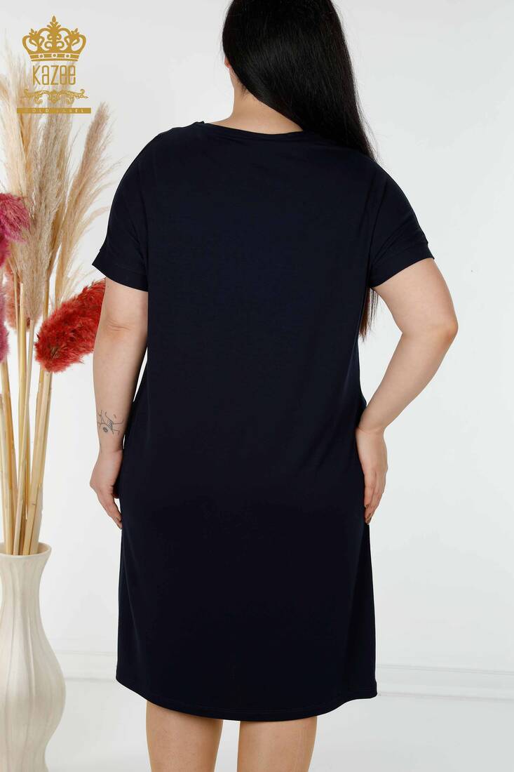 Kadın Elbise Renkli Taş İşlemeli Lacivert - 7740 | KAZEE