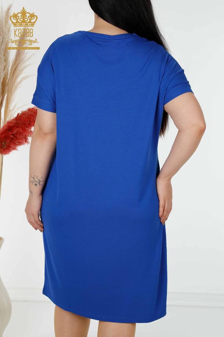 Kadın Elbise Renkli Taş İşlemeli Saks - 7740 | KAZEE