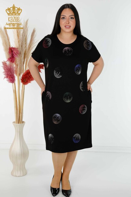 Kadın Elbise Renkli Taş İşlemeli Siyah - 7740 | KAZEE - Thumbnail