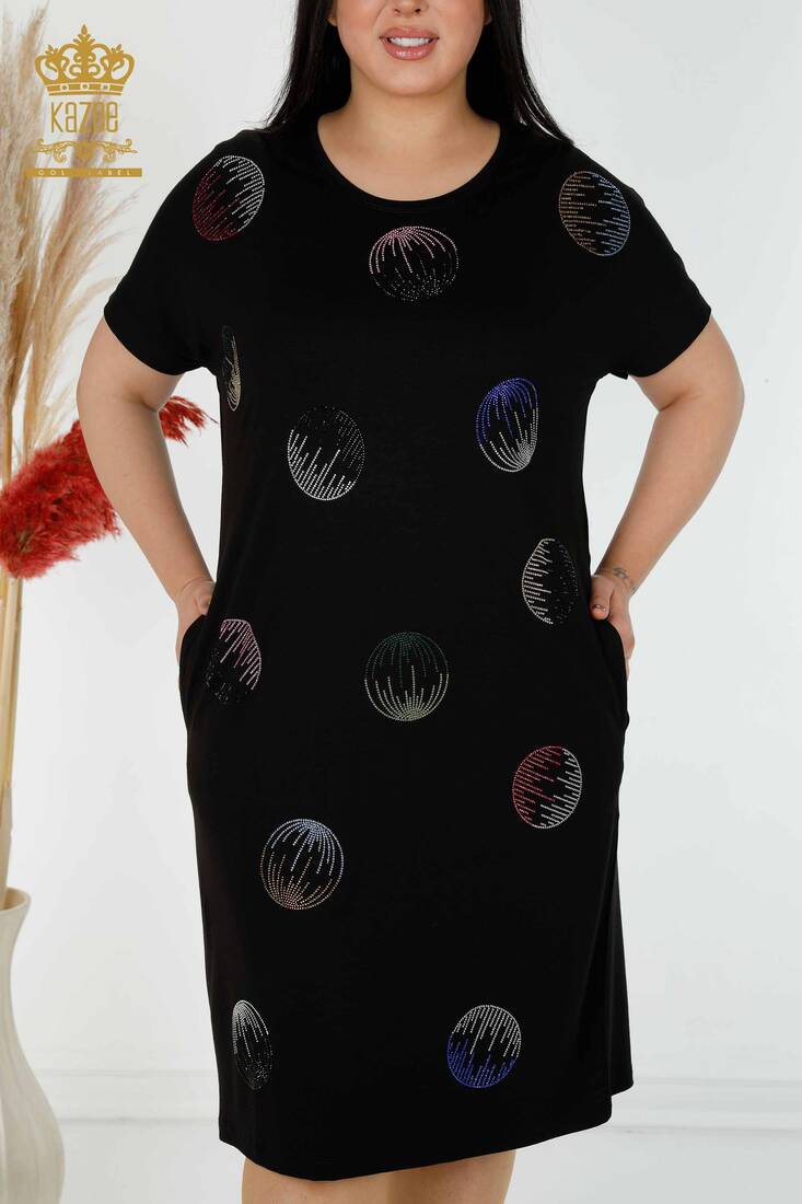 Kadın Elbise Renkli Taş İşlemeli Siyah - 7740 | KAZEE