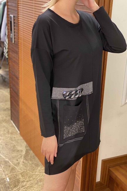 Kadın Elbise Zincir Detaylı Siyah - 17312 | KAZEE - Thumbnail