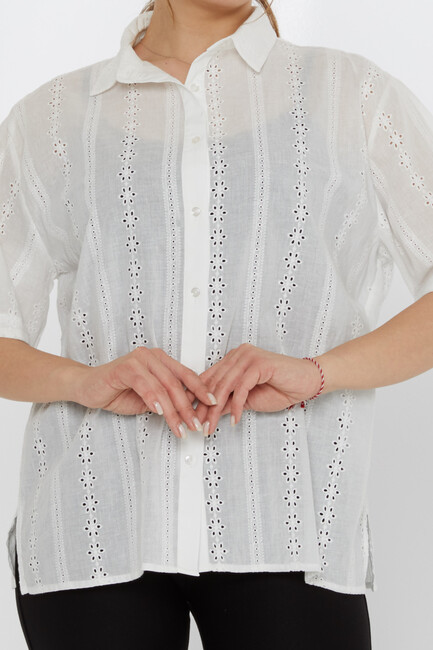 Kadın Gömlek Çiçek Detaylı Ekru - 20508 | KAZEE - Thumbnail