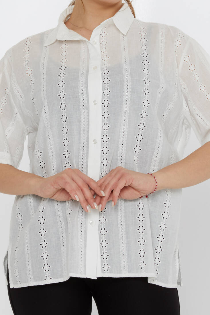 Kadın Gömlek Çiçek Detaylı Ekru - 20508 | KAZEE Kadın Gömlek Çiçek Detaylı Ekru - 20508 | KAZEE