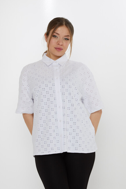 Kadın Gömlek Delik Detaylı Ekru - 20505 | KAZEE - Thumbnail