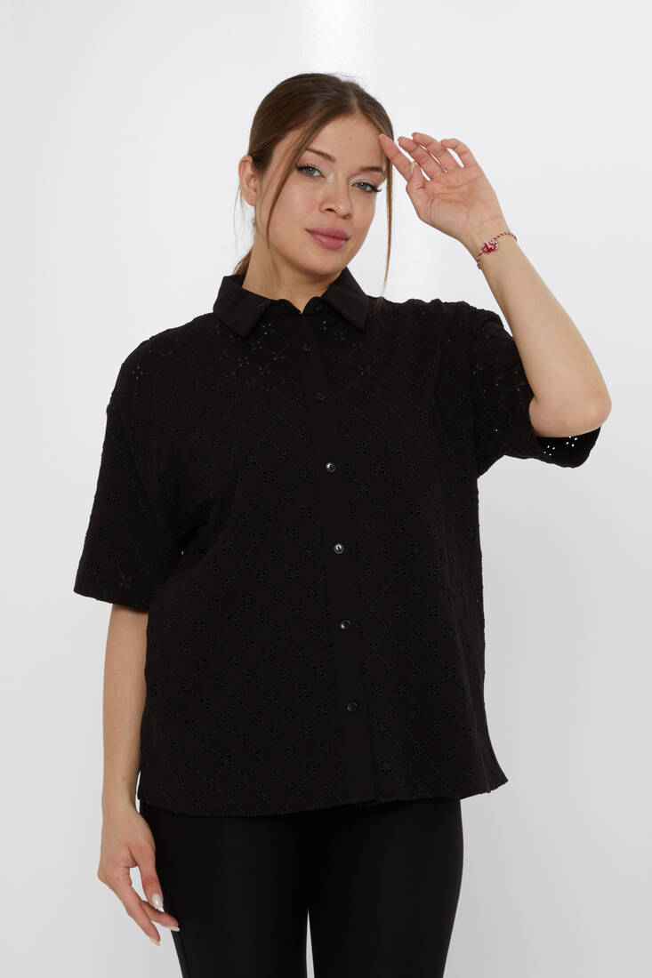 Kadın Gömlek Delik Detaylı Siyah - 20505 | KAZEE Kadın Gömlek Delik Detaylı Siyah - 20505 | KAZEE