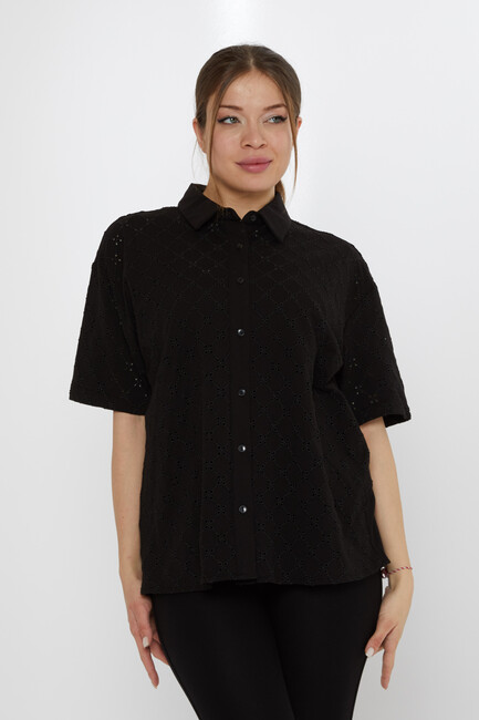 Kadın Gömlek Delik Detaylı Siyah - 20505 | KAZEE - Thumbnail
