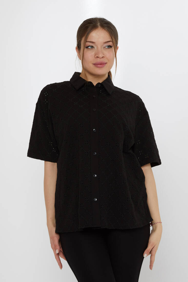 Kadın Gömlek Delik Detaylı Siyah - 20505 | KAZEE Kadın Gömlek Delik Detaylı Siyah - 20505 | KAZEE
