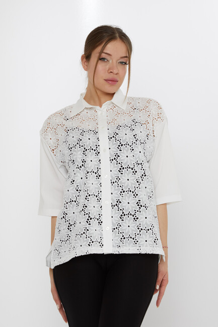 Kadın Gömlek Nakışlı Ekru - 20499 | KAZEE - Thumbnail