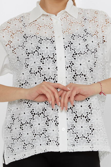 Kadın Gömlek Nakışlı Ekru - 20499 | KAZEE - Thumbnail