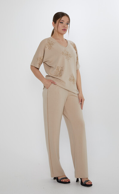 Kadın İkili Takım Taş Detaylı Bej - 17893 | KAZEE - Thumbnail