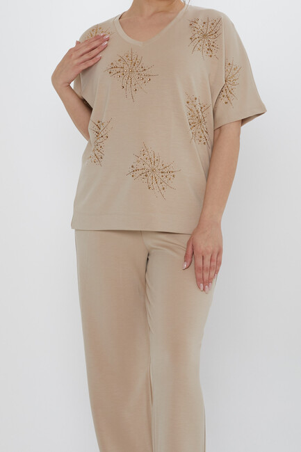 Kadın İkili Takım Taş Detaylı Bej - 17893 | KAZEE - Thumbnail