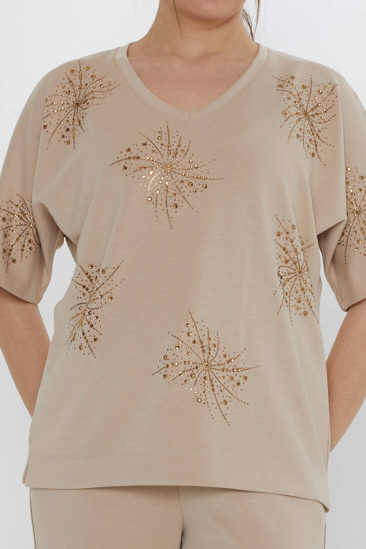 Kadın İkili Takım Taş Detaylı Bej - 17893 | KAZEE Kadın İkili Takım Taş Detaylı Bej - 17893 | KAZEE