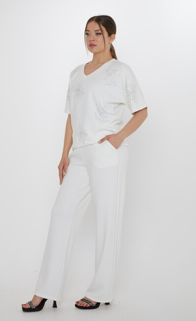 Kadın İkili Takım Taş Detaylı Ekru - 17893 | KAZEE - Thumbnail