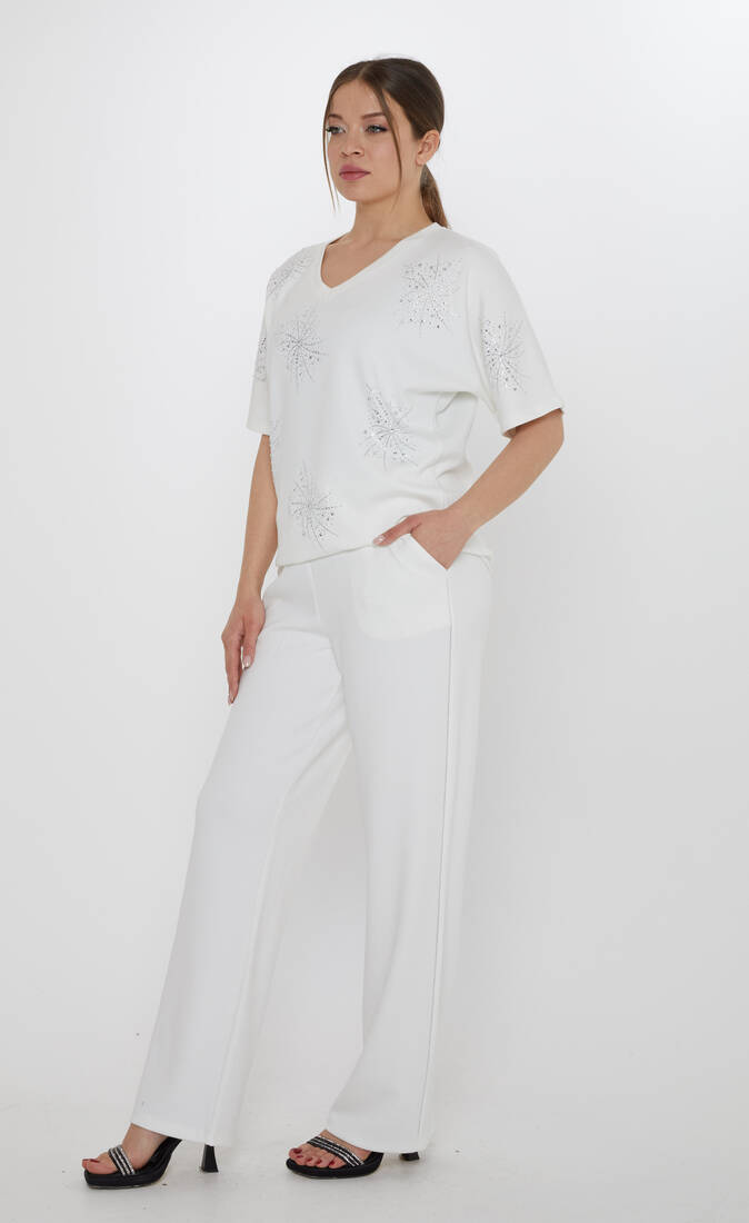 Kadın İkili Takım Taş Detaylı Ekru - 17893 | KAZEE Kadın İkili Takım Taş Detaylı Ekru - 17893 | KAZEE