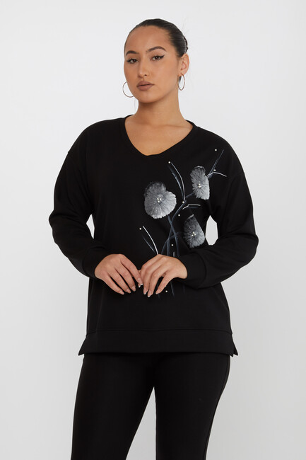 Kadın Sweatshirt Çiçek Desenli Siyah - 17817 | KAZEE - Thumbnail