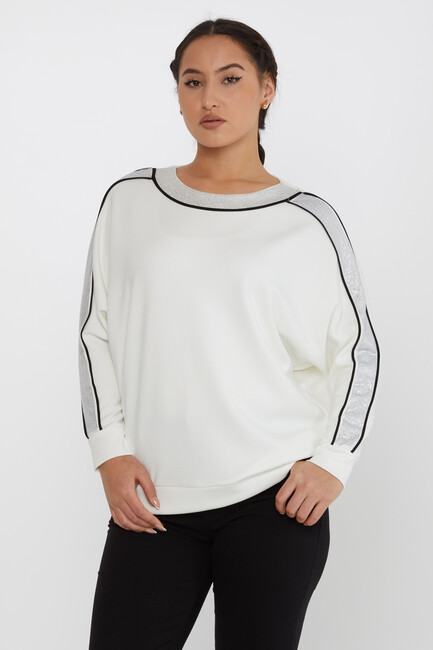 Kadın Sweatshirt Çizgi Detaylı Ekru - 2230 | KAZEE - Thumbnail