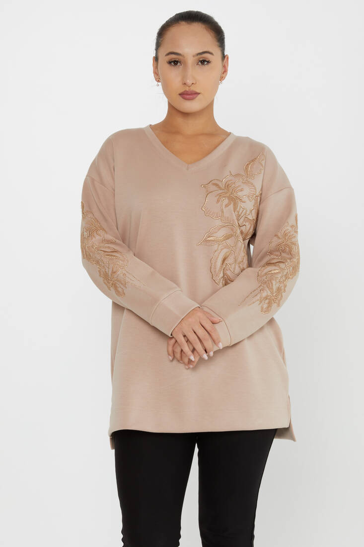 Kadın Sweatshirt Nakışlı Vizon - 17781 | KAZEE
