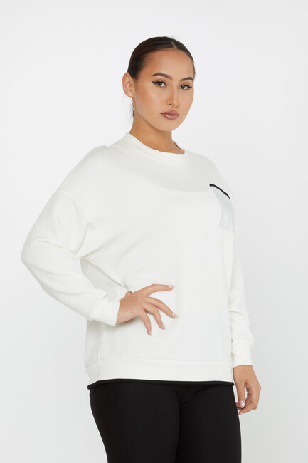 Kadın Sweatshirt Taşlı Cep Detaylı Ekru - 2235 | KAZEE - Thumbnail