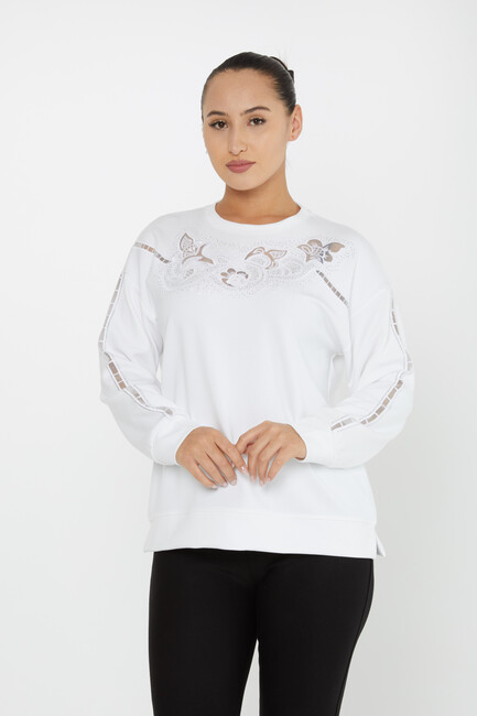 Kadın Sweatshirt Tül Detaylı Ekru - 17789 | KAZEE - Thumbnail
