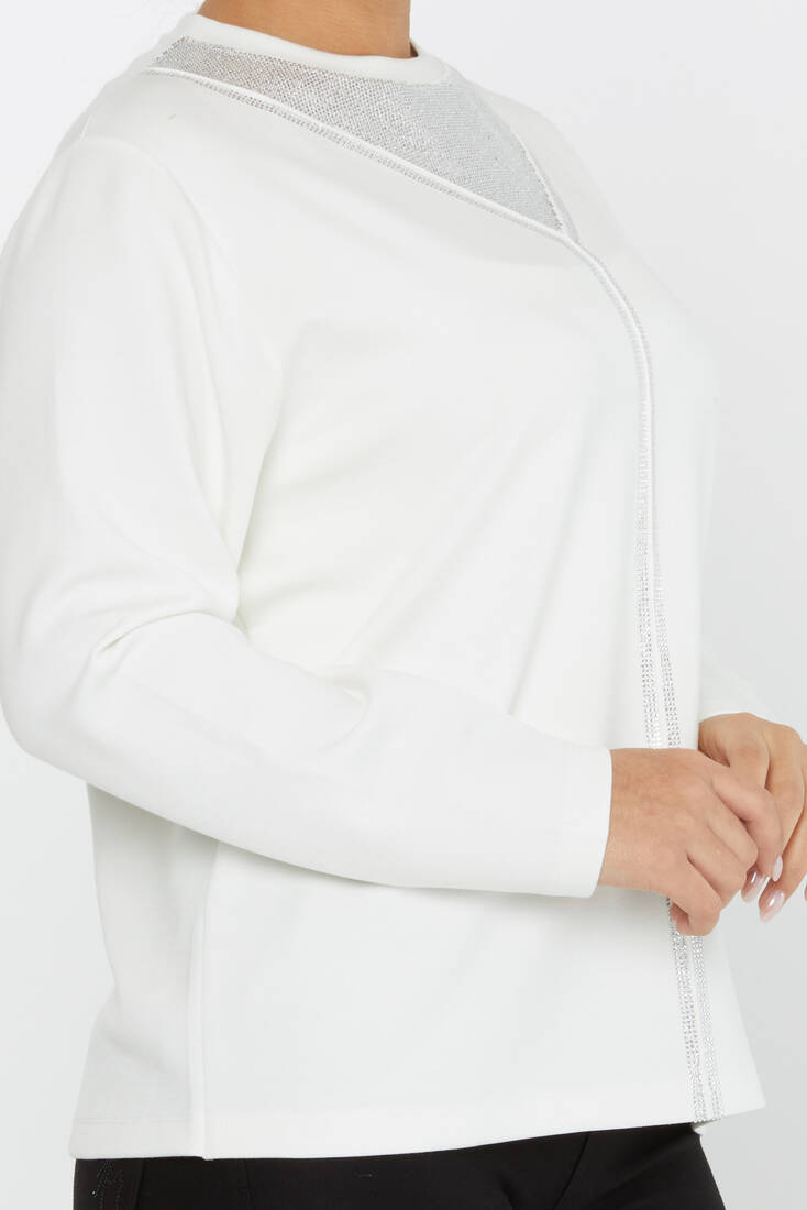 Kadın Sweatshirt Yakası Taşlı Ekru - 2231 | KAZEE