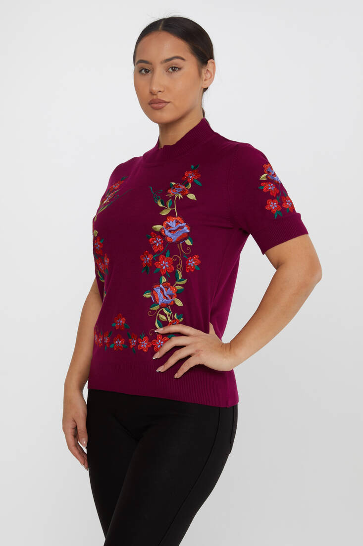 Kazee - Kadın Triko Amerikan Model Çiçek Desenli Mürdüm - 15876 | KAZEE Kazee - Kadın Triko Amerikan Model Çiçek Desenli Mürdüm - 15876 | KAZEE