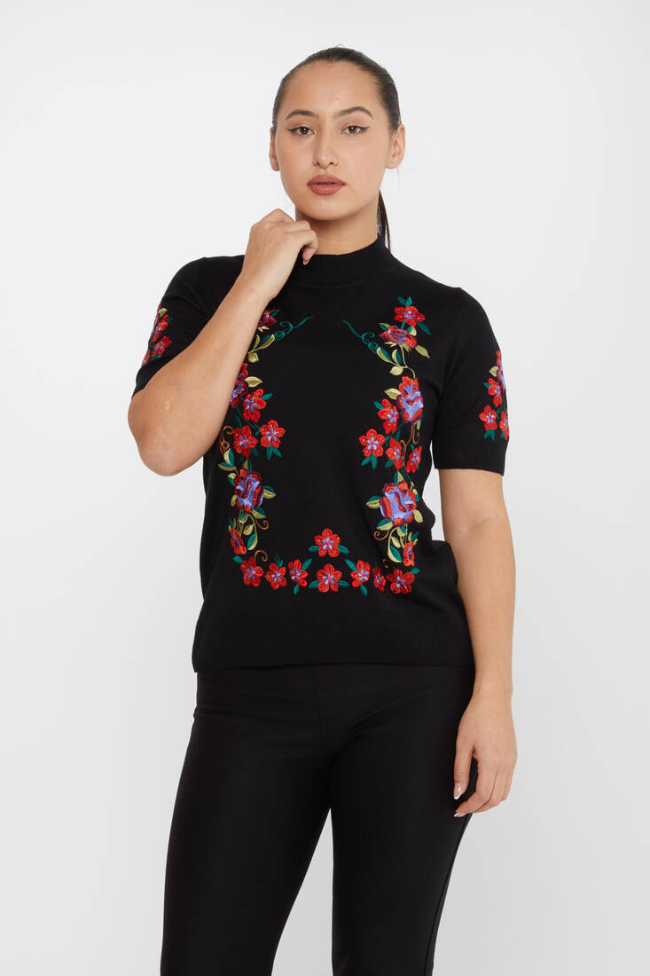 Kazee - Kadın Triko Amerikan Model Çiçek Desenli Siyah - 15876 | KAZEE Kazee - Kadın Triko Amerikan Model Çiçek Desenli Siyah - 15876 | KAZEE