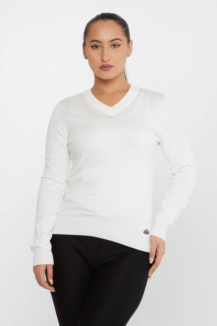 Kazee - Kadın Triko Basic V Yaka Ekru - 30256 | KAZEE