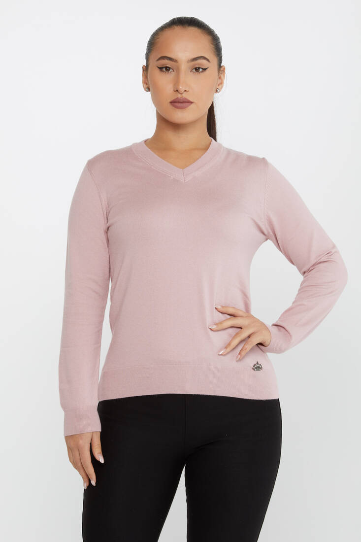 Kazee - Kadın Triko Basic V Yaka Pudra - 30256 | KAZEE