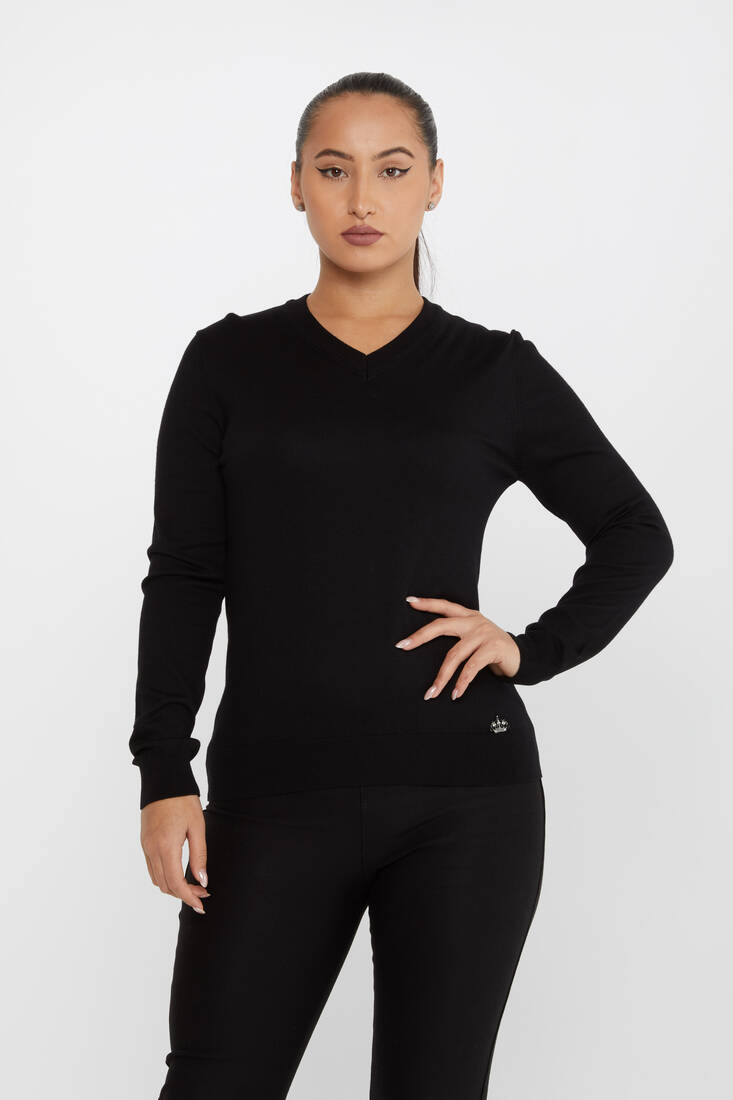 Kazee - Kadın Triko Basic V Yaka Siyah - 30256 | KAZEE