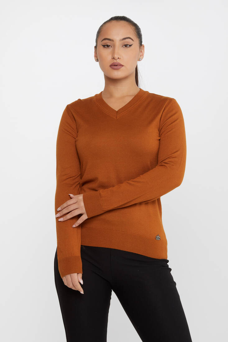 Kazee - Kadın Triko Basic V Yaka Taba - 30256 | KAZEE