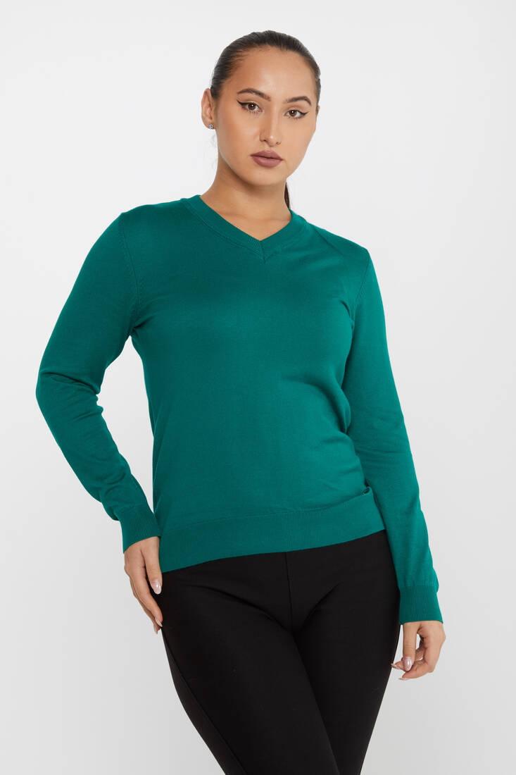 Kazee - Kadın Triko Basic V Yaka Yeşil - 30256 | KAZEE